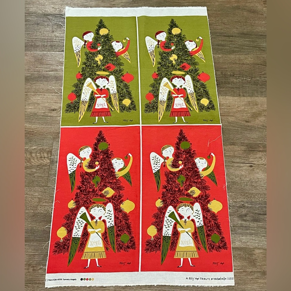 Michael Miller Fabric Panel Chinese Christmas Angel Tree Art Signed MCM Quilt